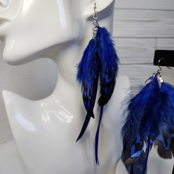 Boho Long Royal Blue Real Feather Earrings - Picture 6 of 7